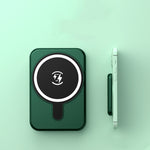 Green mini magnetic wireless power bank with charging icon, front and side profile