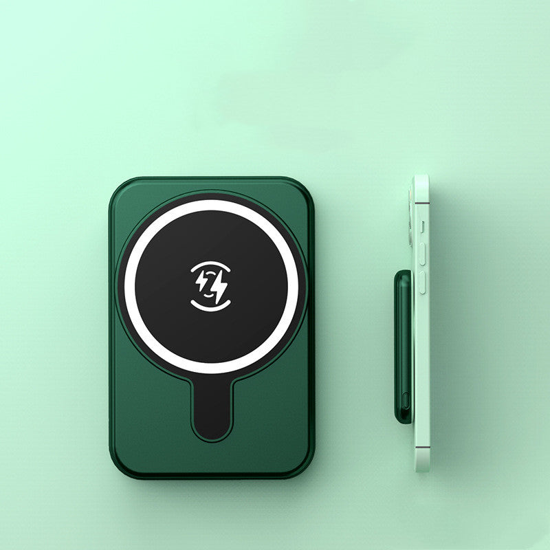 Green mini magnetic wireless power bank with charging icon, front and side profile