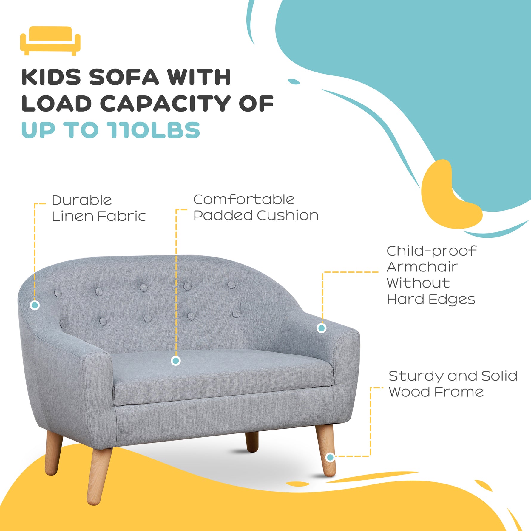 2-Seat Kids Sofa, Toddler Sofa Couch, Linen-Like Fabric & Wood Frame Sofa Chair For Ages 3-7, 11" High Seat, Gray