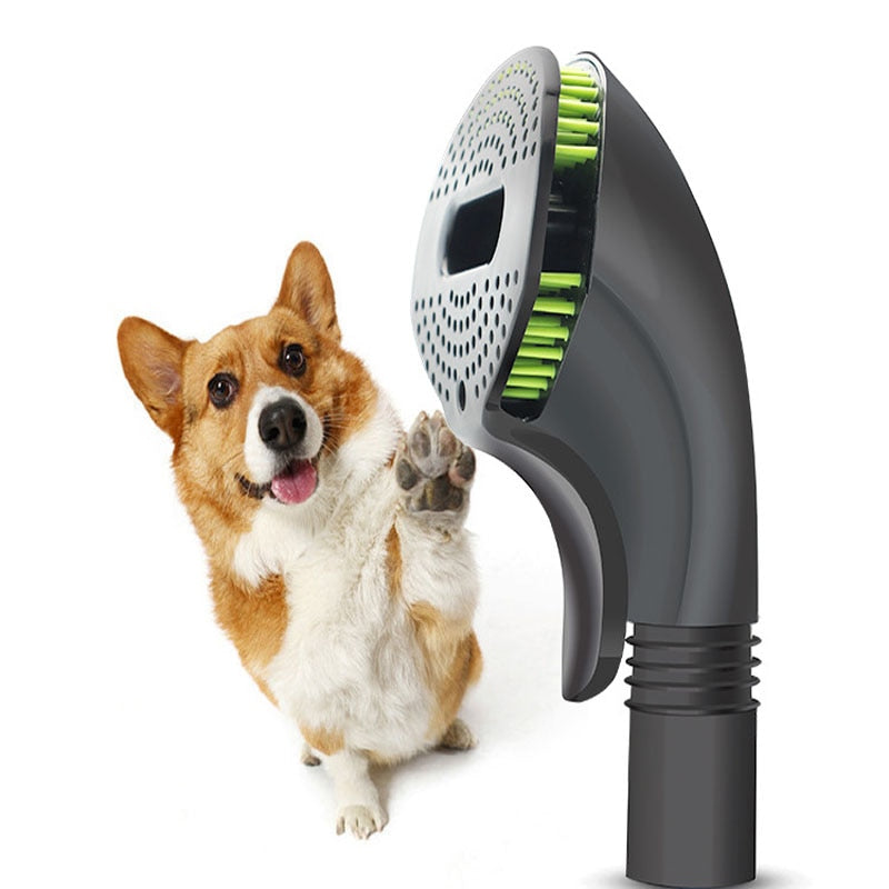 Handheld pet grooming brush with perforated pad and green bristles for loose hair