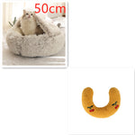 Round plush pet bed, light gray with U-shaped cat insert in mustard yellow, 50cm