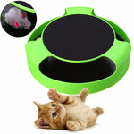 Cat interactive toy with green base and black top pad; inset gray mouse toy