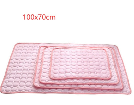 Folded pet cooling pad with bubble quilt texture, pink fabric with raised inner panel