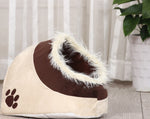Side view donut pet bed in khaki with dark brown tunnel and paw-print patch