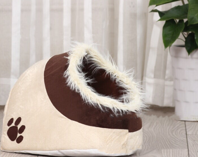 Side view donut pet bed in khaki with dark brown tunnel and paw-print patch