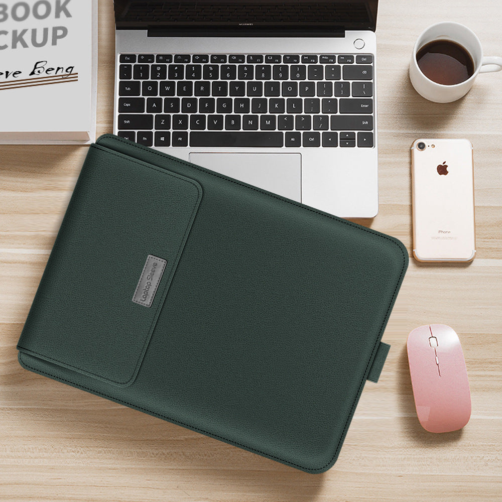 Laptop sleeve bag in green PU leather with front pocket and stitched flap