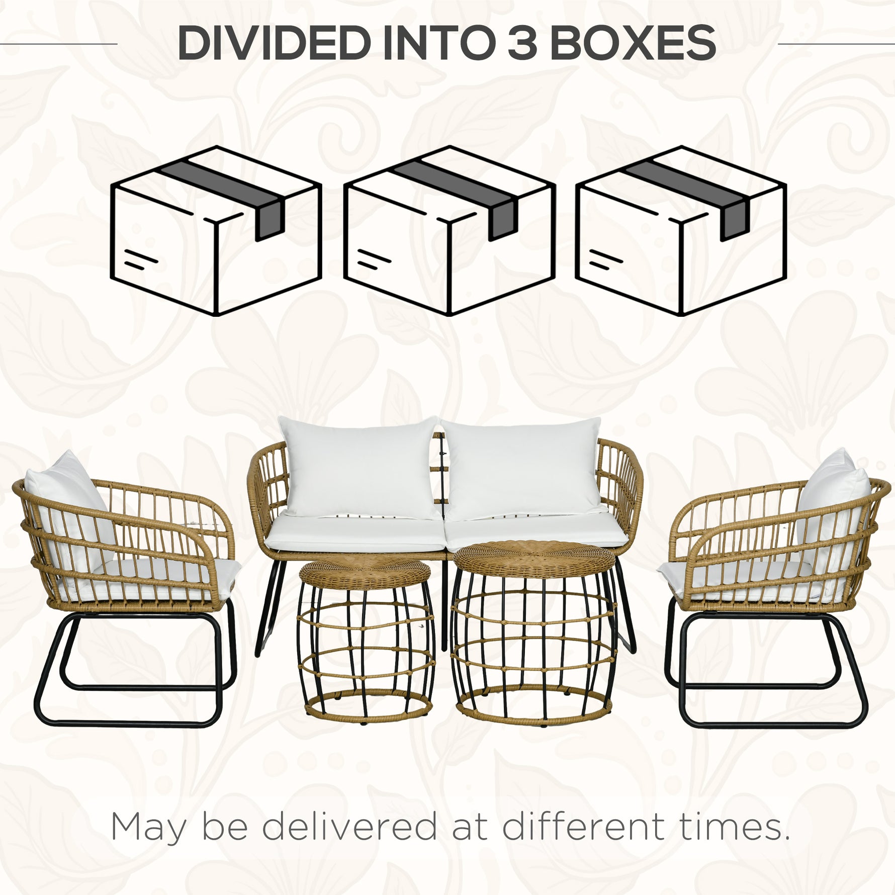 Juego de muebles de exterior de 5 piezas de ratán PE con sillas acolchadas, sofá biplaza y mesas de centro apilables, blanco crema
