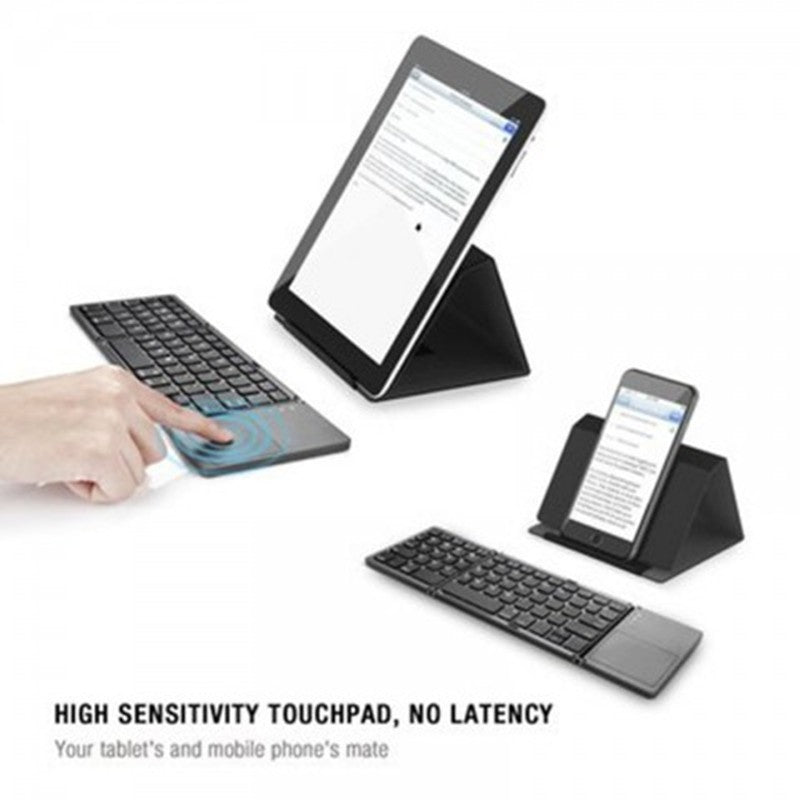 Foldable Bluetooth keyboard with dark keys and large touchpad panel