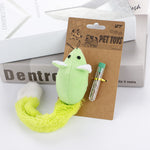 Plush long-tail mouse toy, bright green, on pet toys card with wand charm