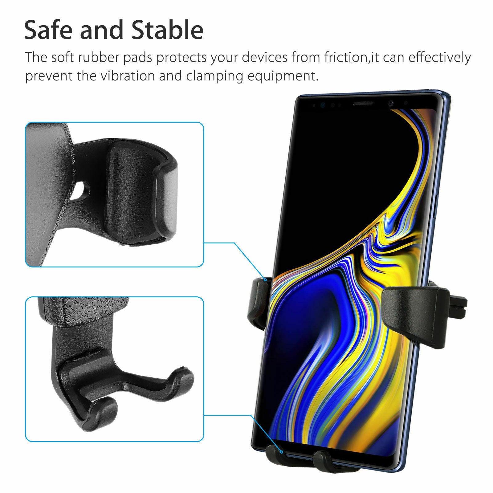 Car air vent phone holder with black cradle holding smartphones, showing device fit