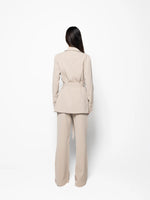 Beige belted blazer and high-waist pants set, back view, self-tie waist belt, long sleeves.
