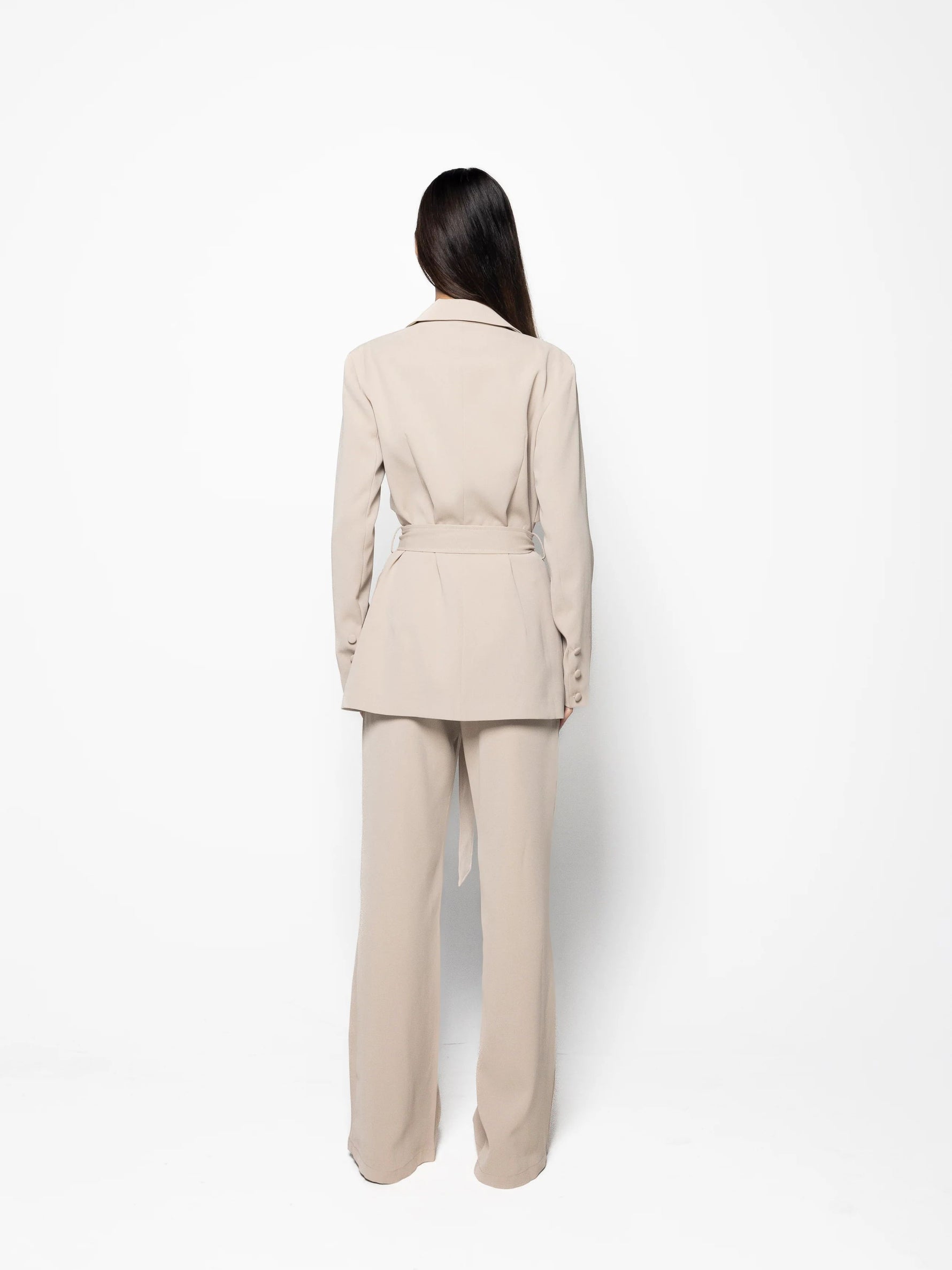 Beige belted blazer and high-waist pants set, back view, self-tie waist belt, long sleeves.