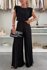 Black sleeveless round-neck top and pleated wide-leg trousers set