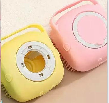 Yellow and pink silicone pet bath massage brushes with circular dispensing lids