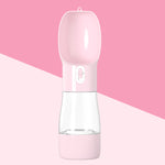 2-in-1 dog water and food travel bottle, pink translucent base, flip-top lid