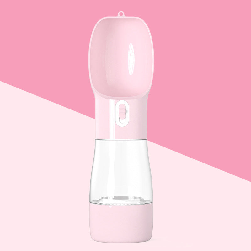 2-in-1 dog water and food travel bottle, pink translucent base, flip-top lid