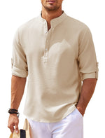Men's textured stand-collar shirt, khaki/beige, short sleeves, button placket