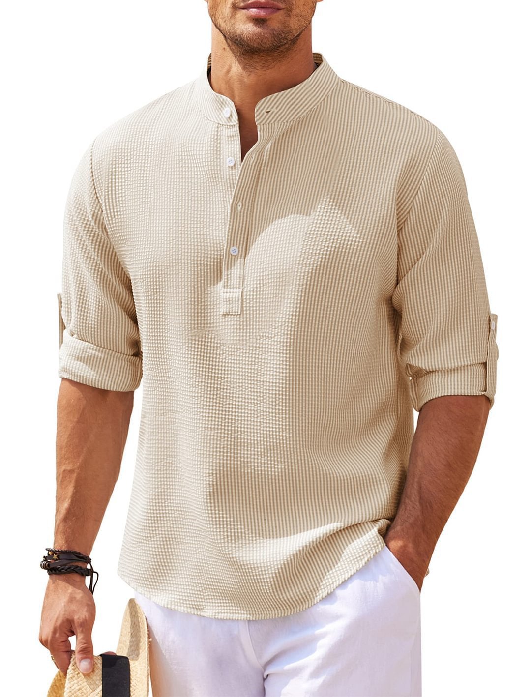 Men's textured stand-collar shirt, khaki/beige, short sleeves, button placket