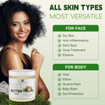 Ivory shea butter body butter jar with white lid, shown in hand.