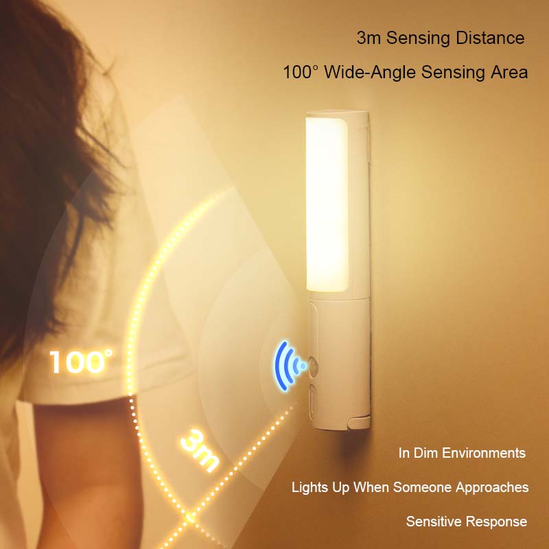 Wall LED night light glowing with motion sensor indicator, rectangular lamp head and gray body