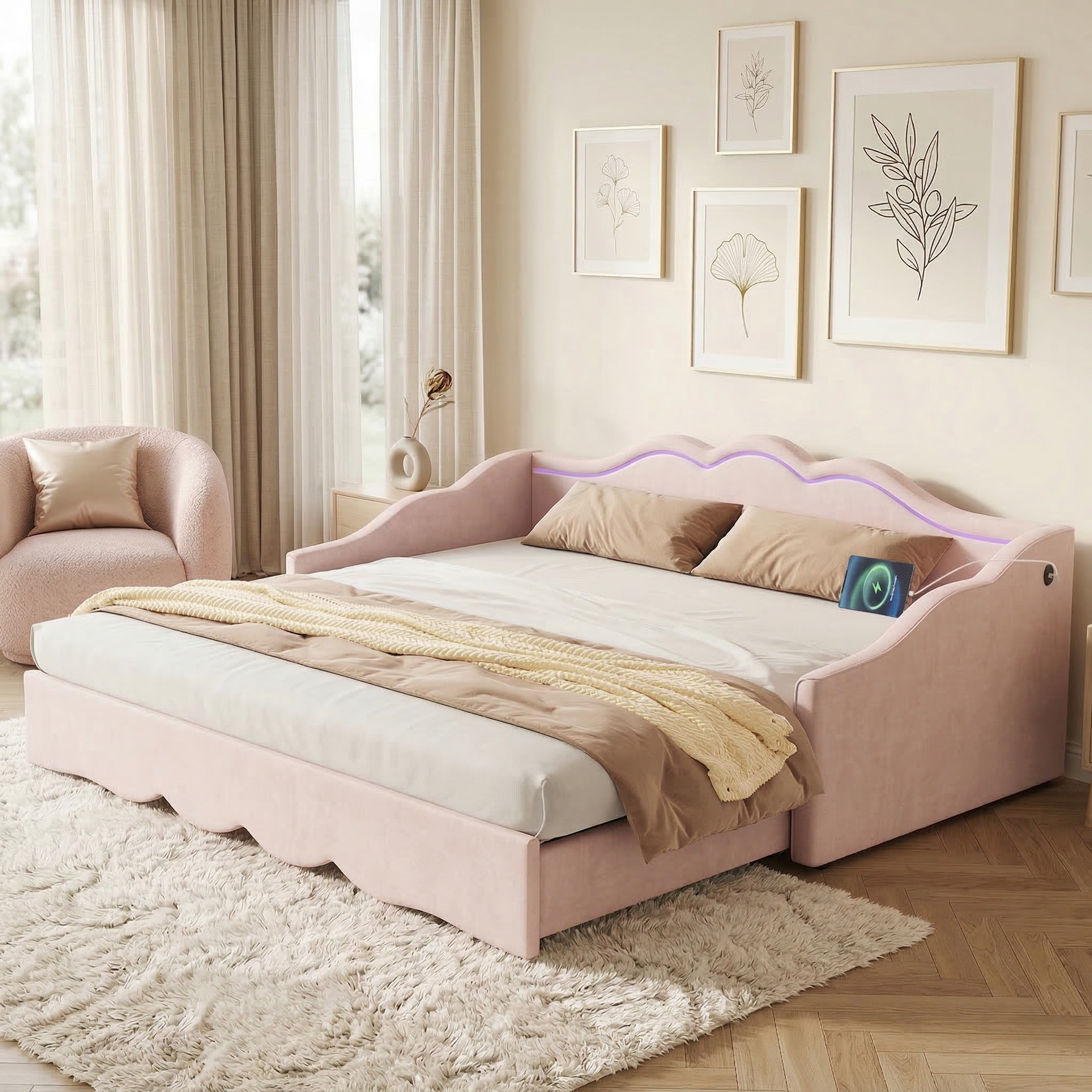 Upholstered Daybed, Sofa Bed, 90x190 Cm, Extendable To 180 Cm, With LED Lighting And USB Port, Pink Velvet