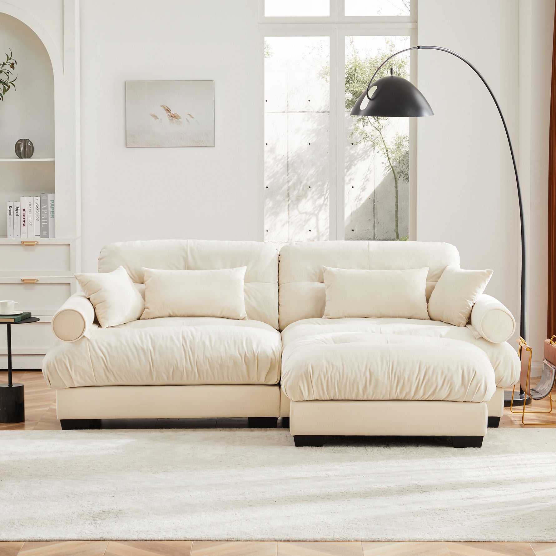 Over Size Modern Two-seater Sofa With Ottoman, Velvet 2-Seater With Round Bolster Armrests,With Waist Pillow And Throw Pillows,Small L Shape Sofa For Living Room, Reading Room , Loft And Bedroom,Cream