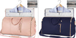 Waterproof travel duffle set, pink and navy bags with light-blue lining and mesh zip pouch