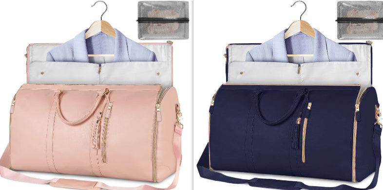 Waterproof travel duffle set, pink and navy bags with light-blue lining and mesh zip pouch