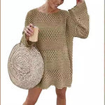 Women’s crochet hollow beach cover-up sweater, taupe/tan with loose bell sleeves