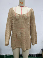 Beige mesh hollow knit beach cover-up top with openwork pattern and long sleeves