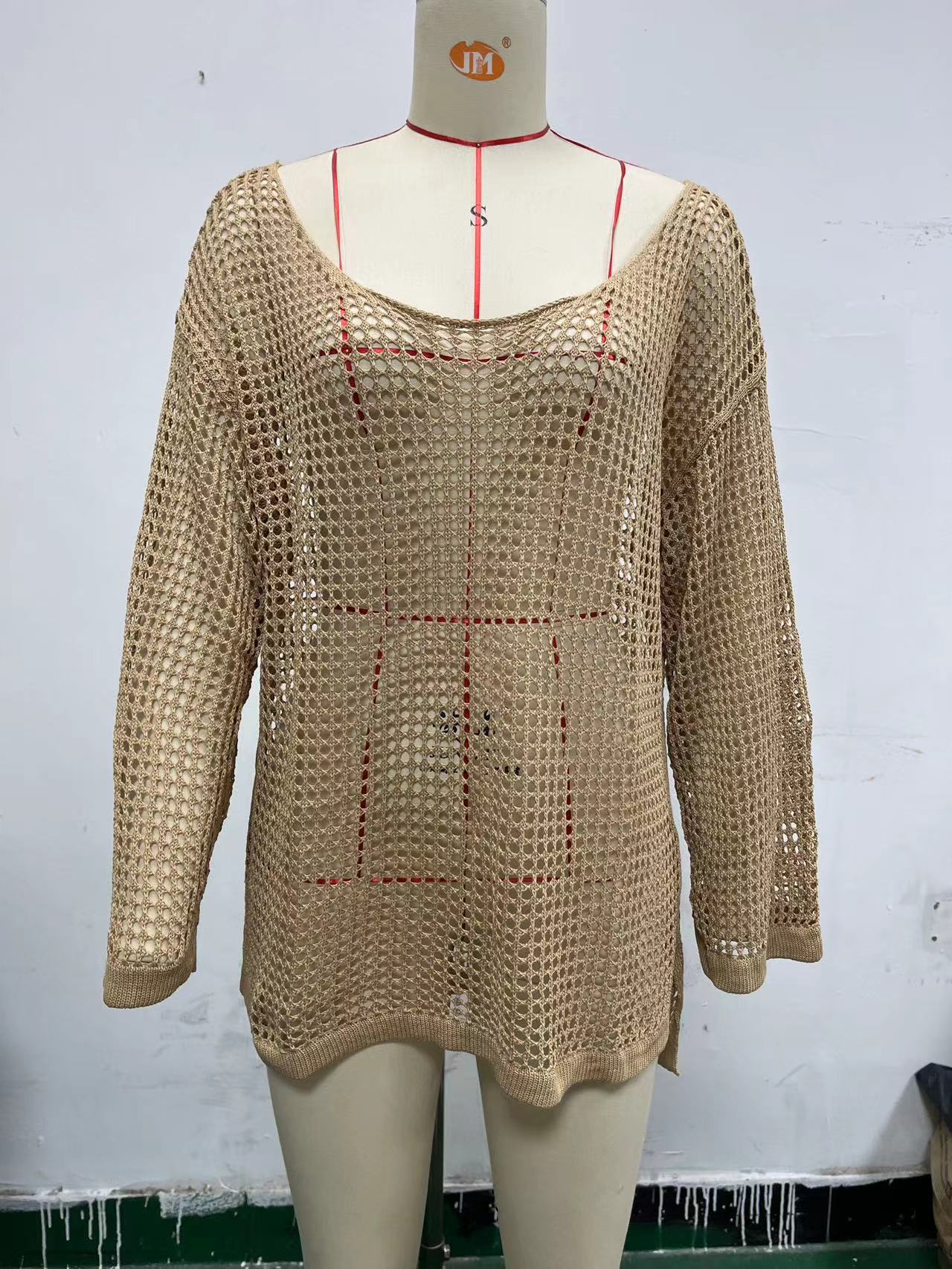 Beige mesh hollow knit beach cover-up top with openwork pattern and long sleeves