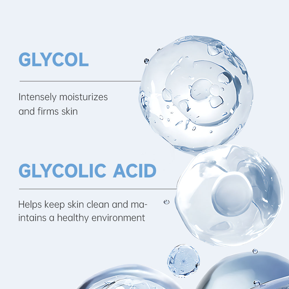 Water droplet and gel globe ingredient graphic for glycolic acid toner