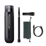 Portable car vacuum cleaner, dark gray cylinder with extendable nozzle, charging cable, cloth pad
