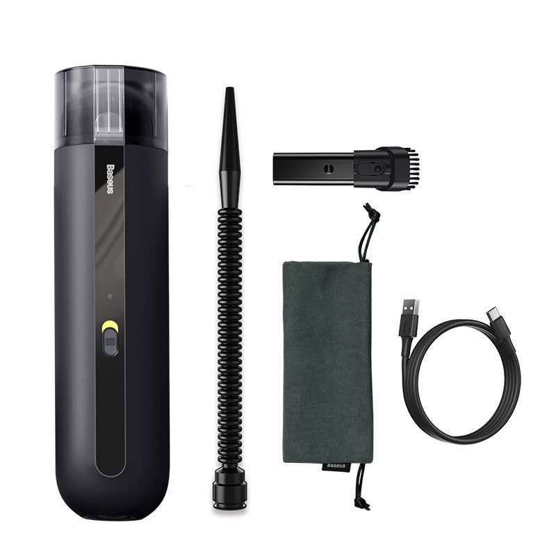 Portable car vacuum cleaner, dark gray cylinder with extendable nozzle, charging cable, cloth pad