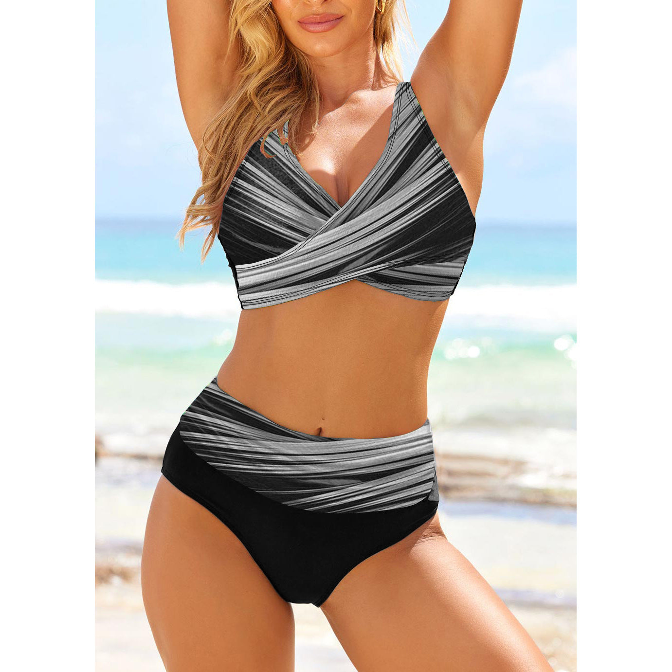High-waist bikini set with black and gray striped tie-dye print, twist-front V-neck top