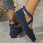 Women’s pointed toe cross-strap wedge flats in dark blue suede with elastic band at ankle