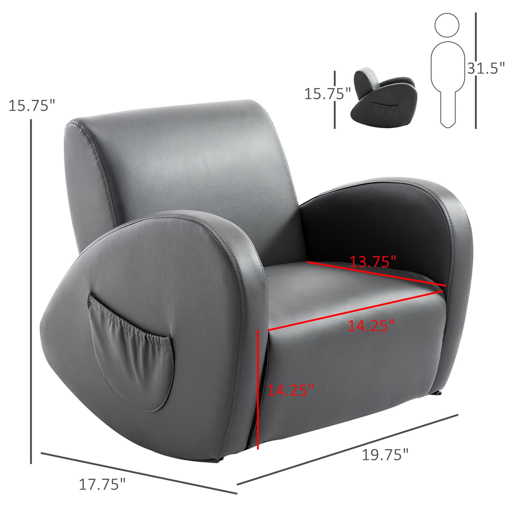 Kids Sofa Rocking Chair With Side Pocket, PU Leather Toddler Armchair For Children Grey