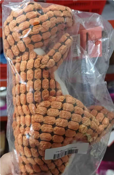 Light brown plush dinosaur dog toy in clear plastic bag with barcode tag