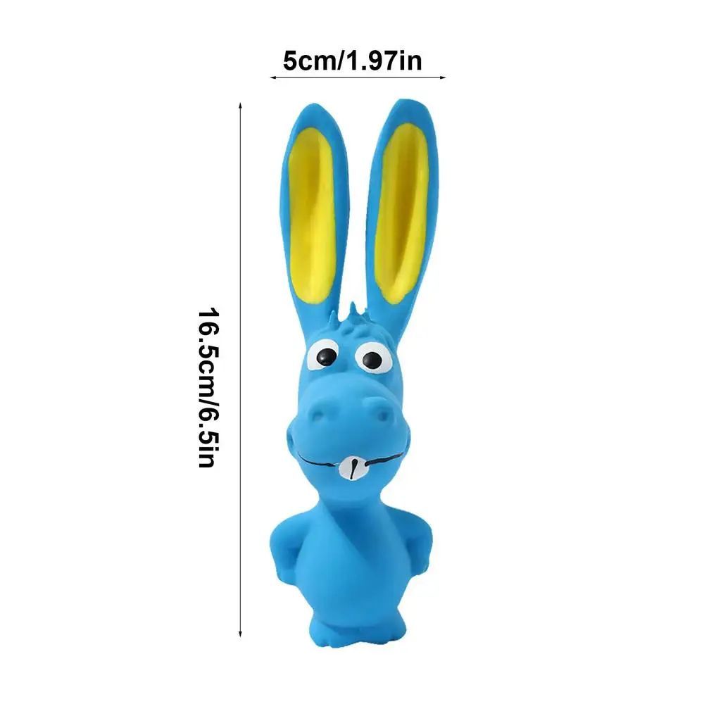 Blue latex rabbit squeaky chew toy with yellow inner ears, full-body view