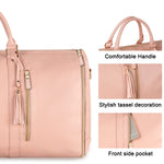 Blush pink waterproof duffle bag close-up with front zipper, tassel detail, and top handles