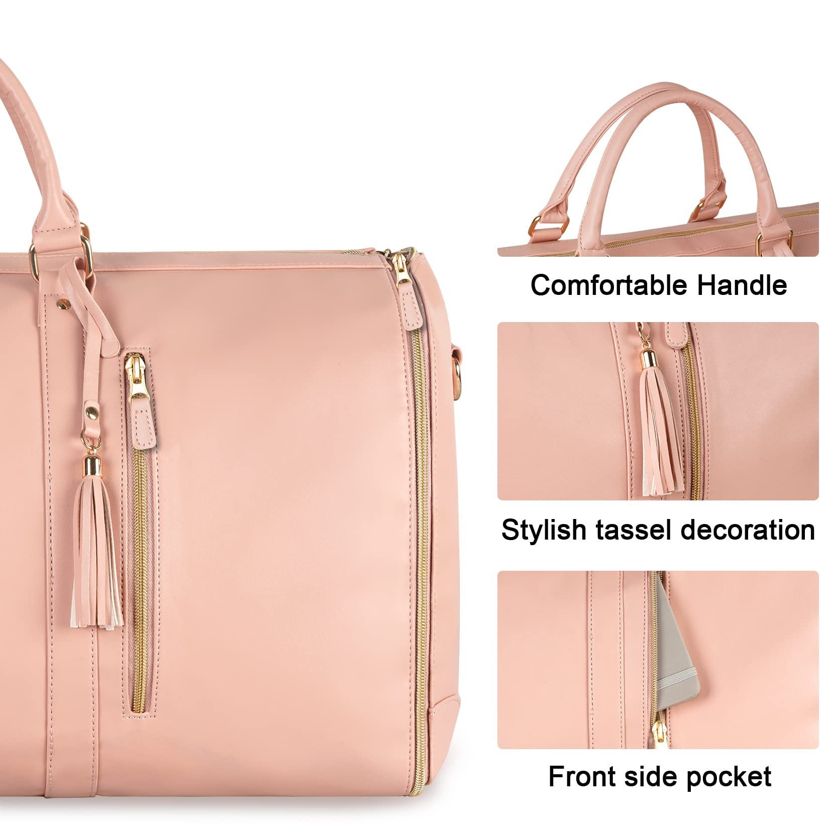 Blush pink waterproof duffle bag close-up with front zipper, tassel detail, and top handles