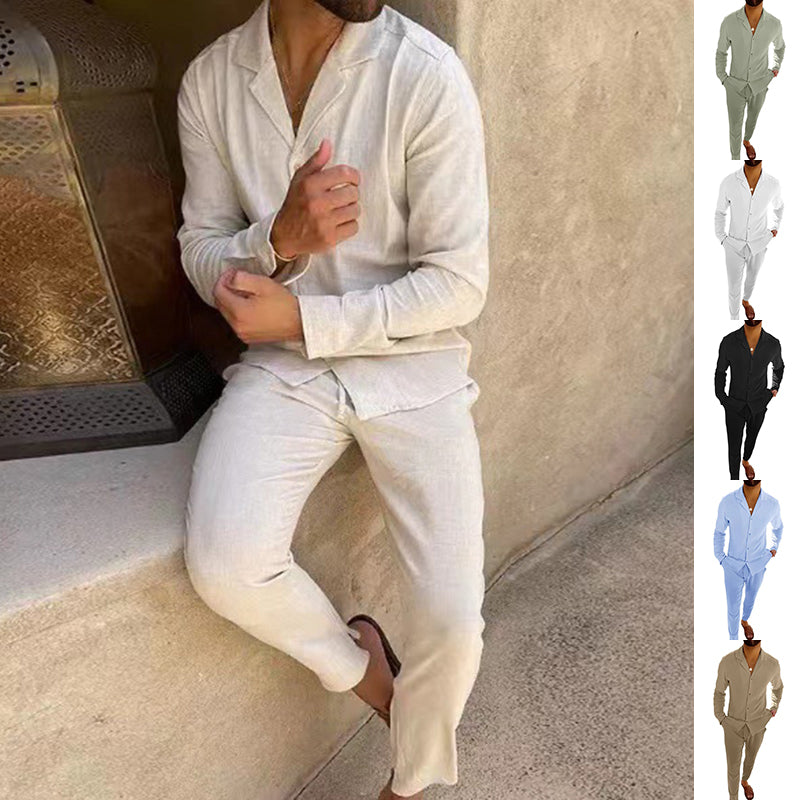 White long-sleeve lapel shirt and slim trousers set, front view with sleeves cuffed.