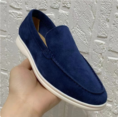 Men's suede loafers, navy blue slip-on driving style with white rubber sole