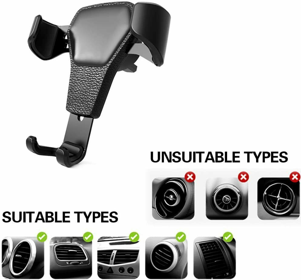 Car air vent phone holder with black cradle and vent clips, shown with vent compatibility