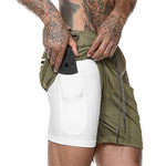 Green compression sports shorts with white front panel and drawstring
