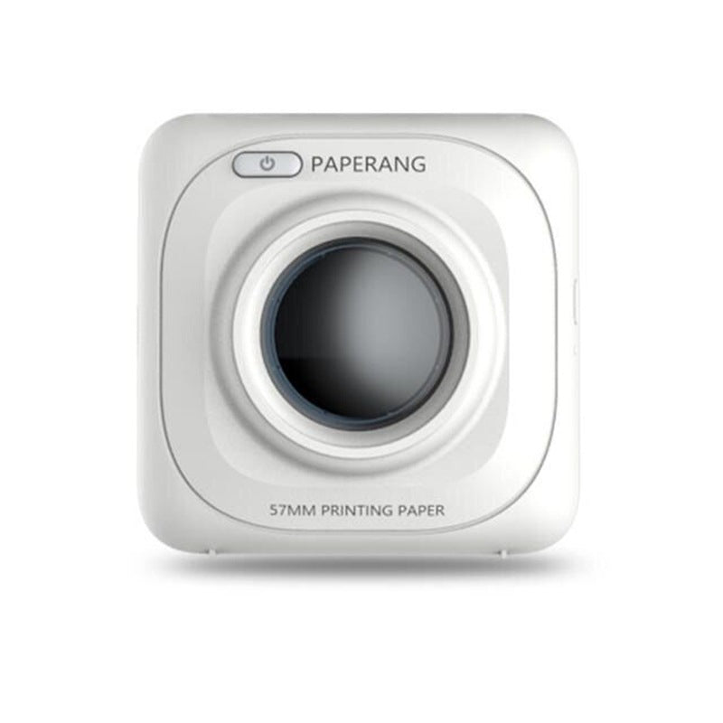 White mini thermal photo printer front view, circular lens window centered