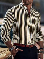 Men's striped button-up shirt, spread collar, long sleeves, vertical black-and-cream stripes