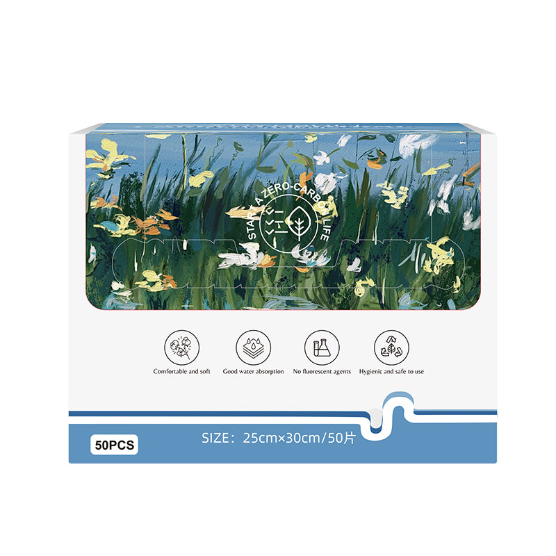 Box of disposable face towels, printed package with nature-themed artwork