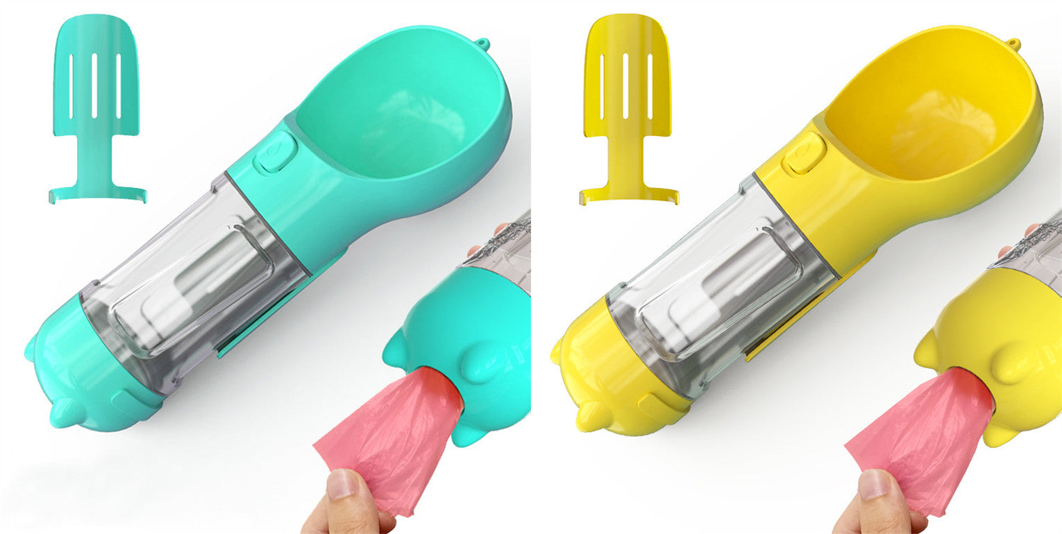 Portable pet water bottle feeders in teal and yellow with transparent tubes and pink waste bag
