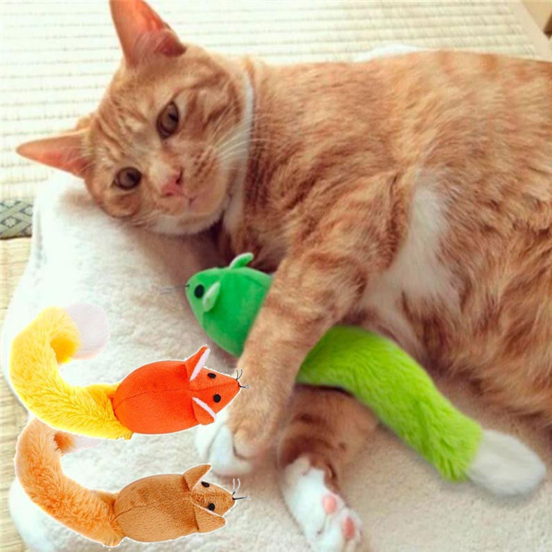 Plush long-tail mouse toy, green, for cat play on a soft surface